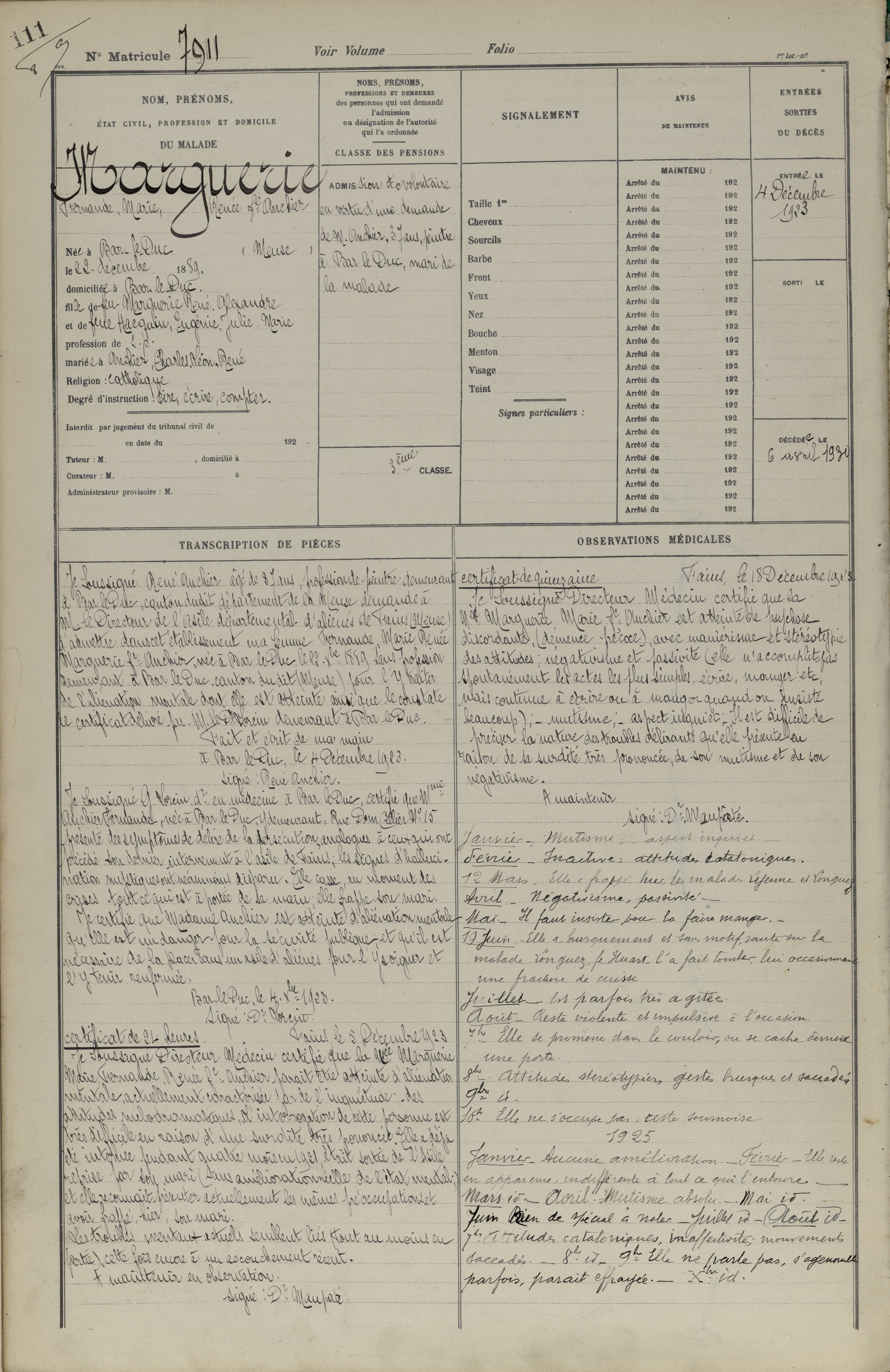 Asile Fain les sources 1923