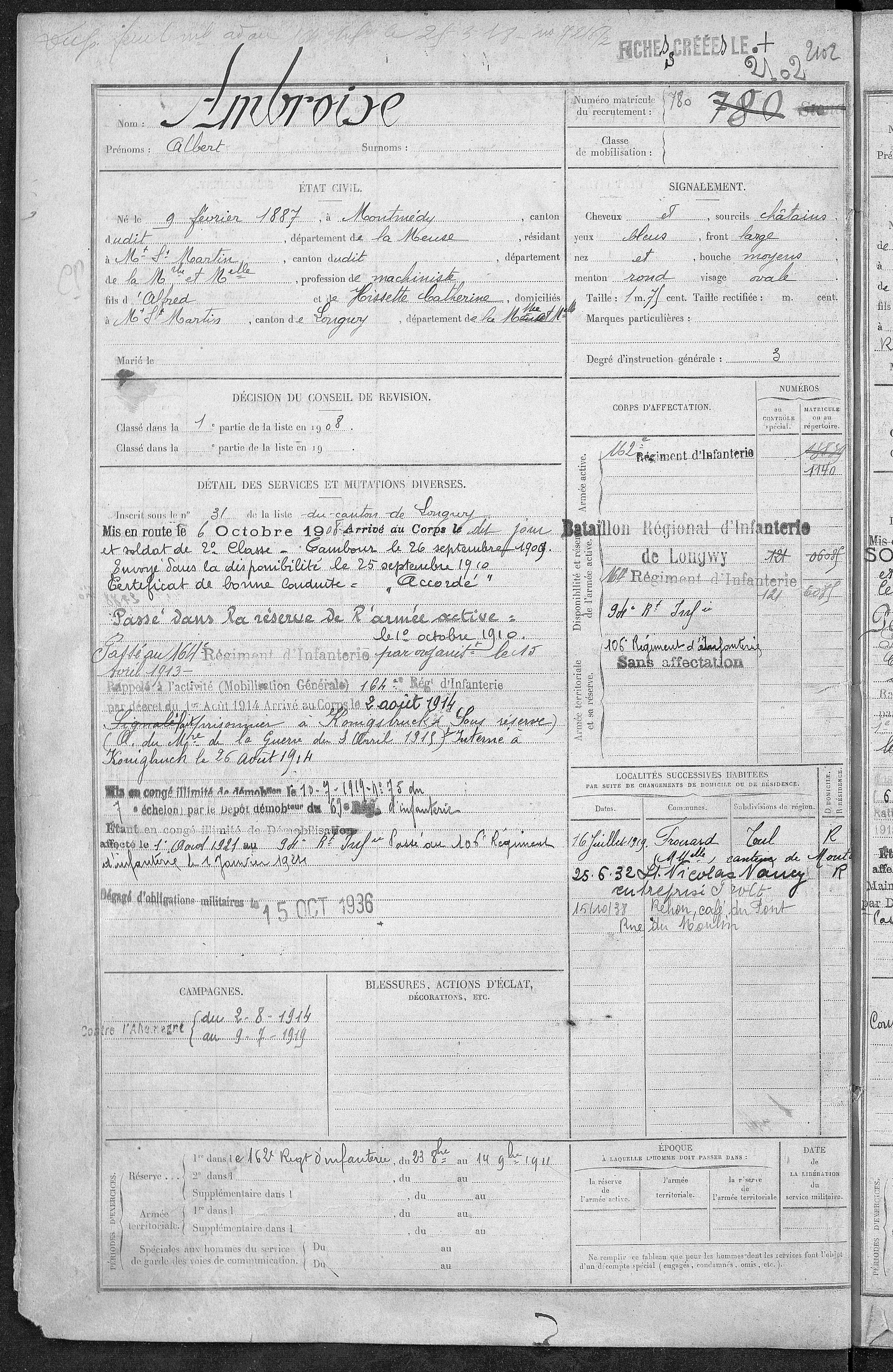 Fiche militaire d’Albert Ambroise (1887-)