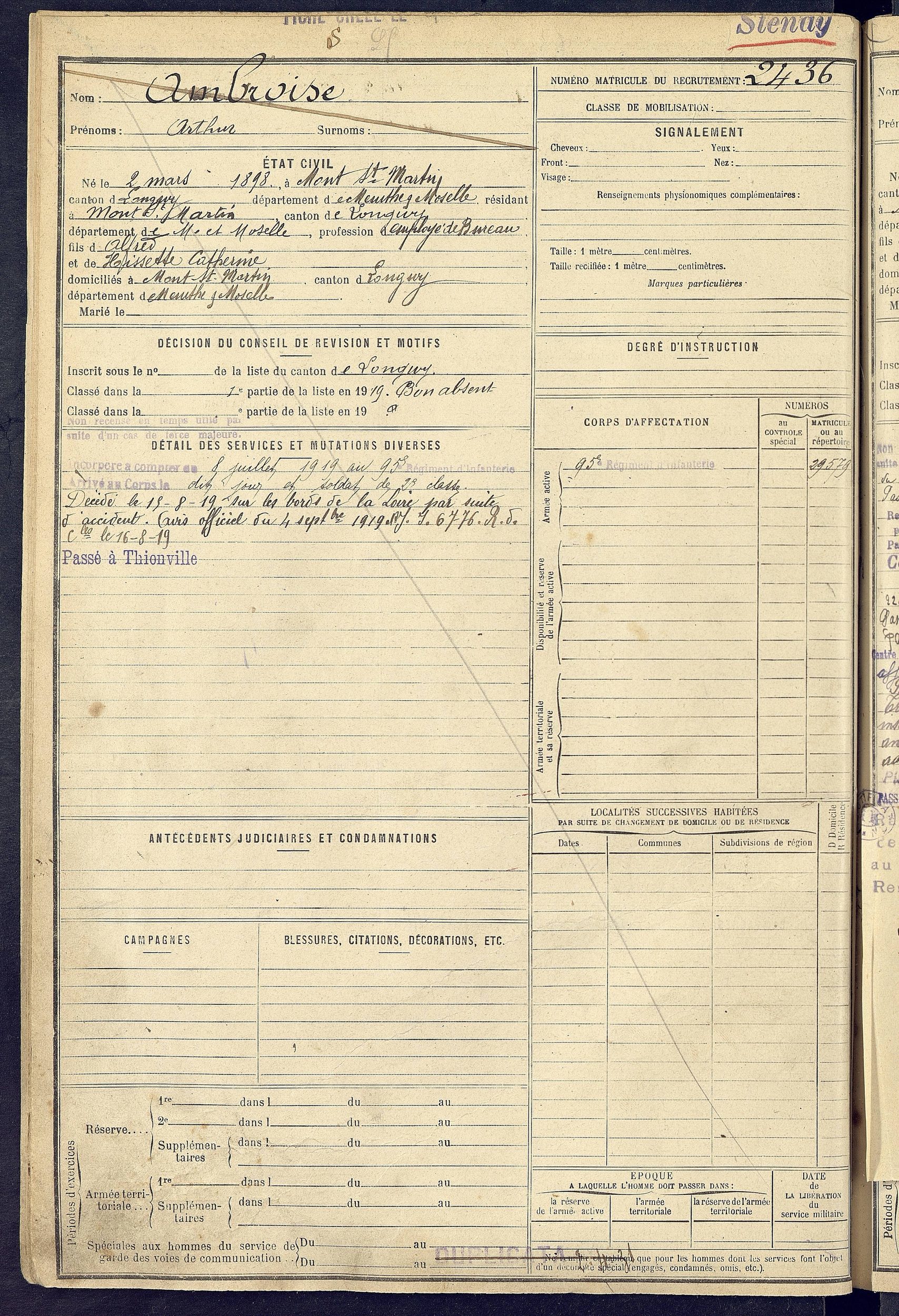 Fiche militaire d’Arthur Ambroise (1898-1919)