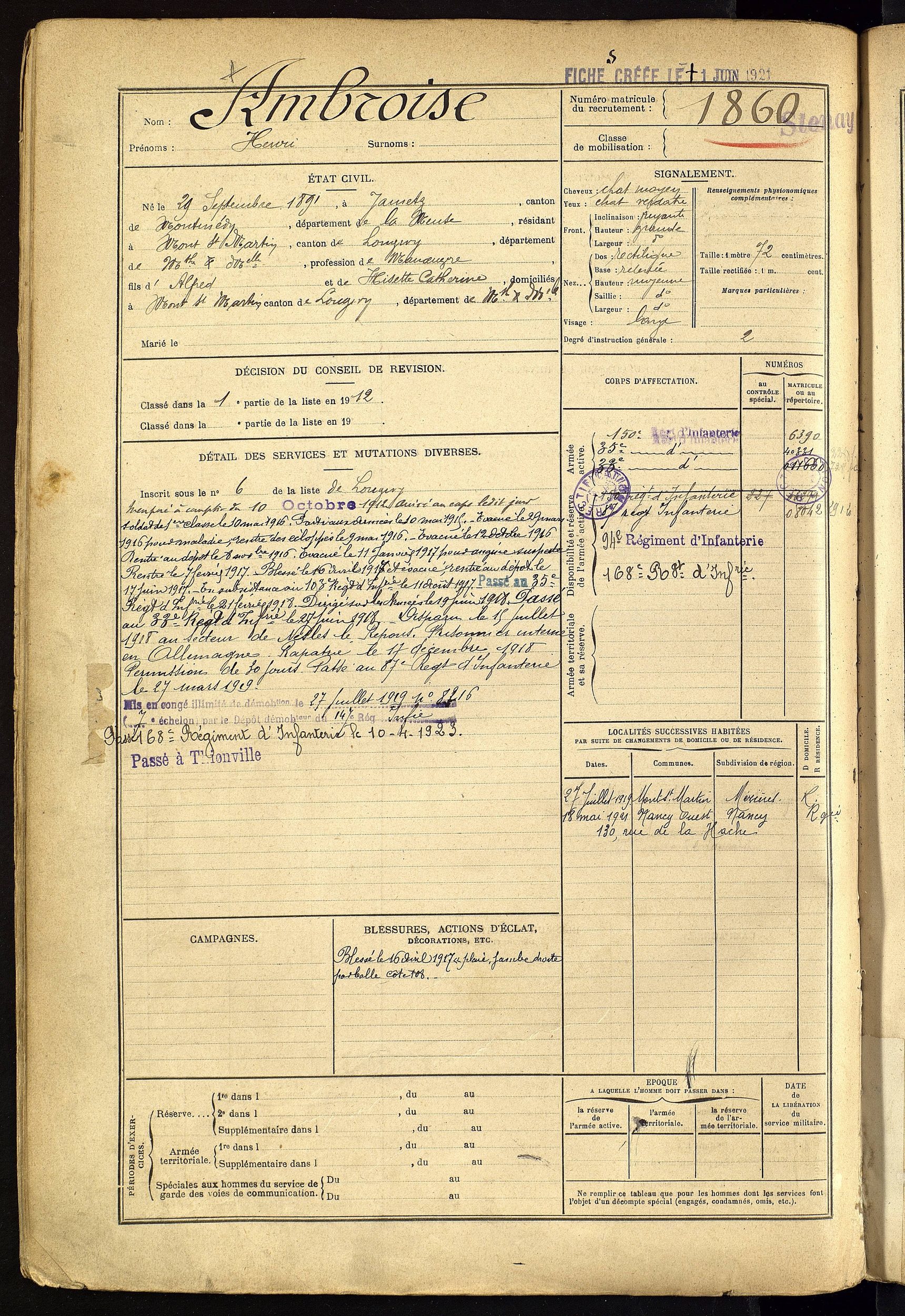 Fiche militaire d’Henri Ambroise (1891-)